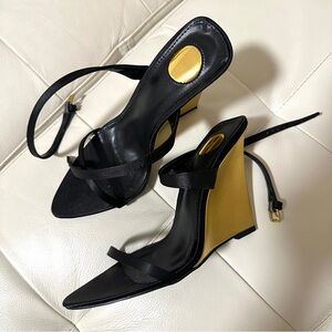 Black and Gold Wedge Sandals – Strappy, Modern Heel